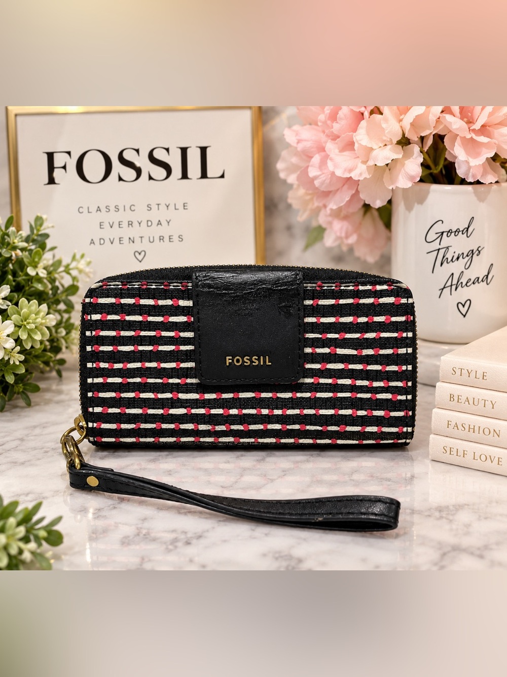 Fossil Logan Zip Around Stripe Canvas Wristlet Wallet Black Pink White